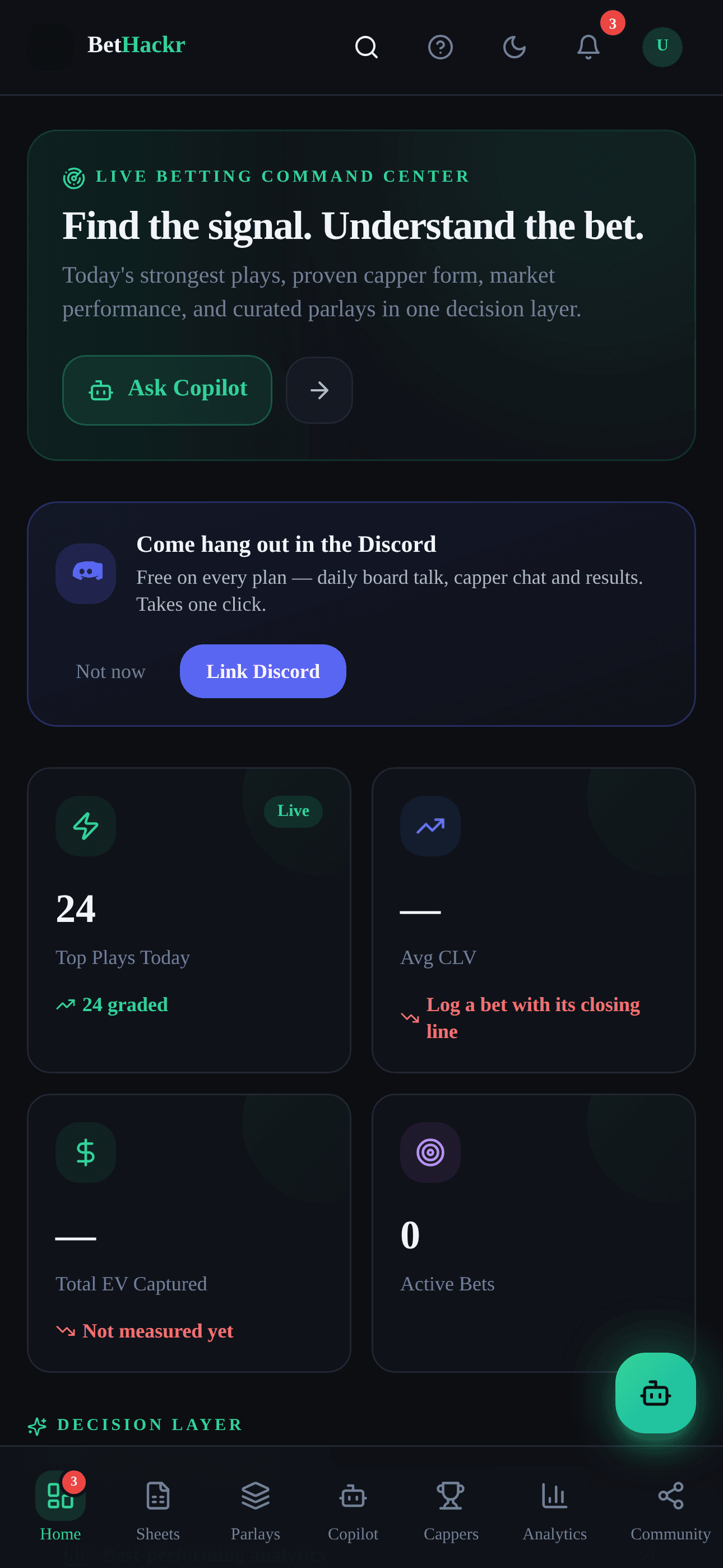 Real BetHackr dashboard showing daily top plays and live market context