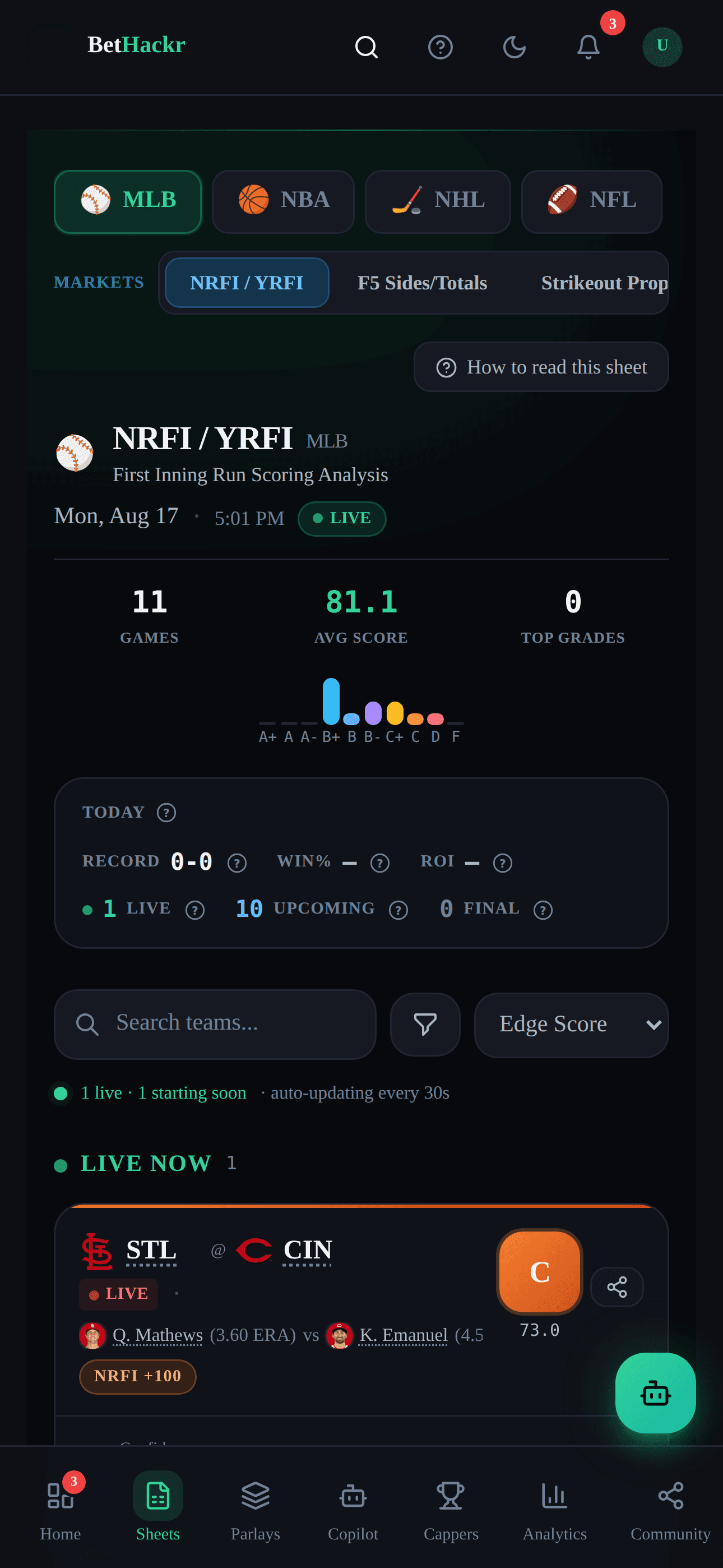 Real BetHackr MLB data sheet with a graded NRFI and YRFI market card
