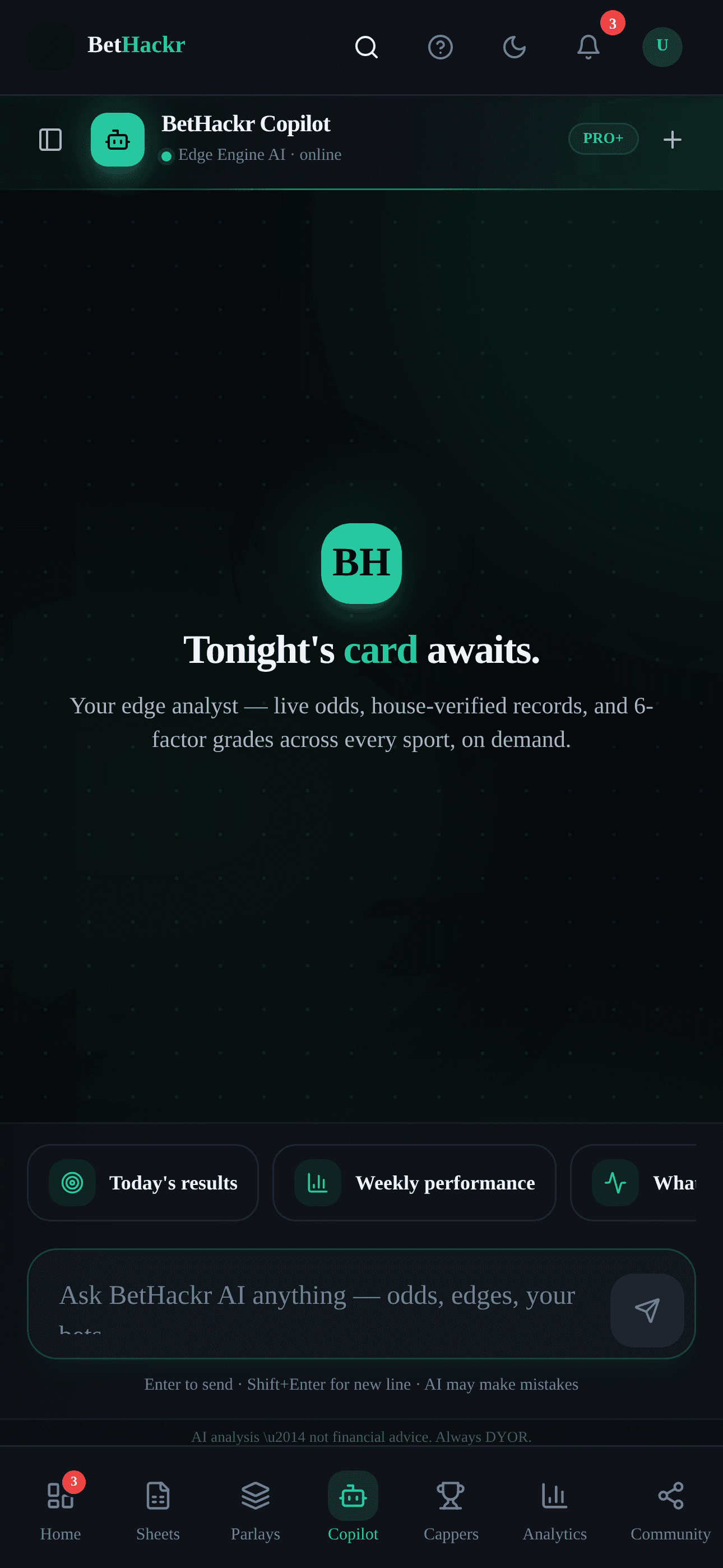 Real BetHackr AI Copilot screen