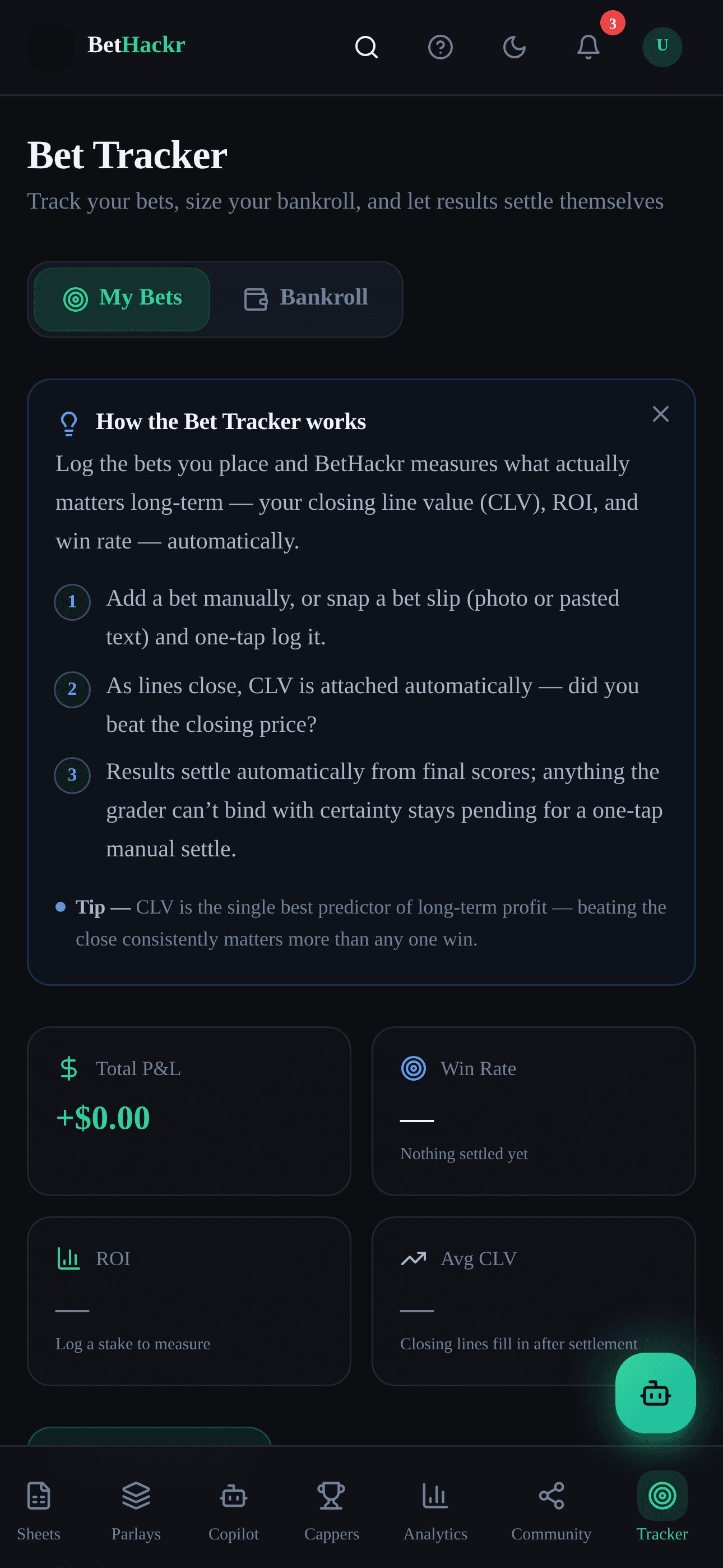 Real BetHackr bet tracker with performance metrics